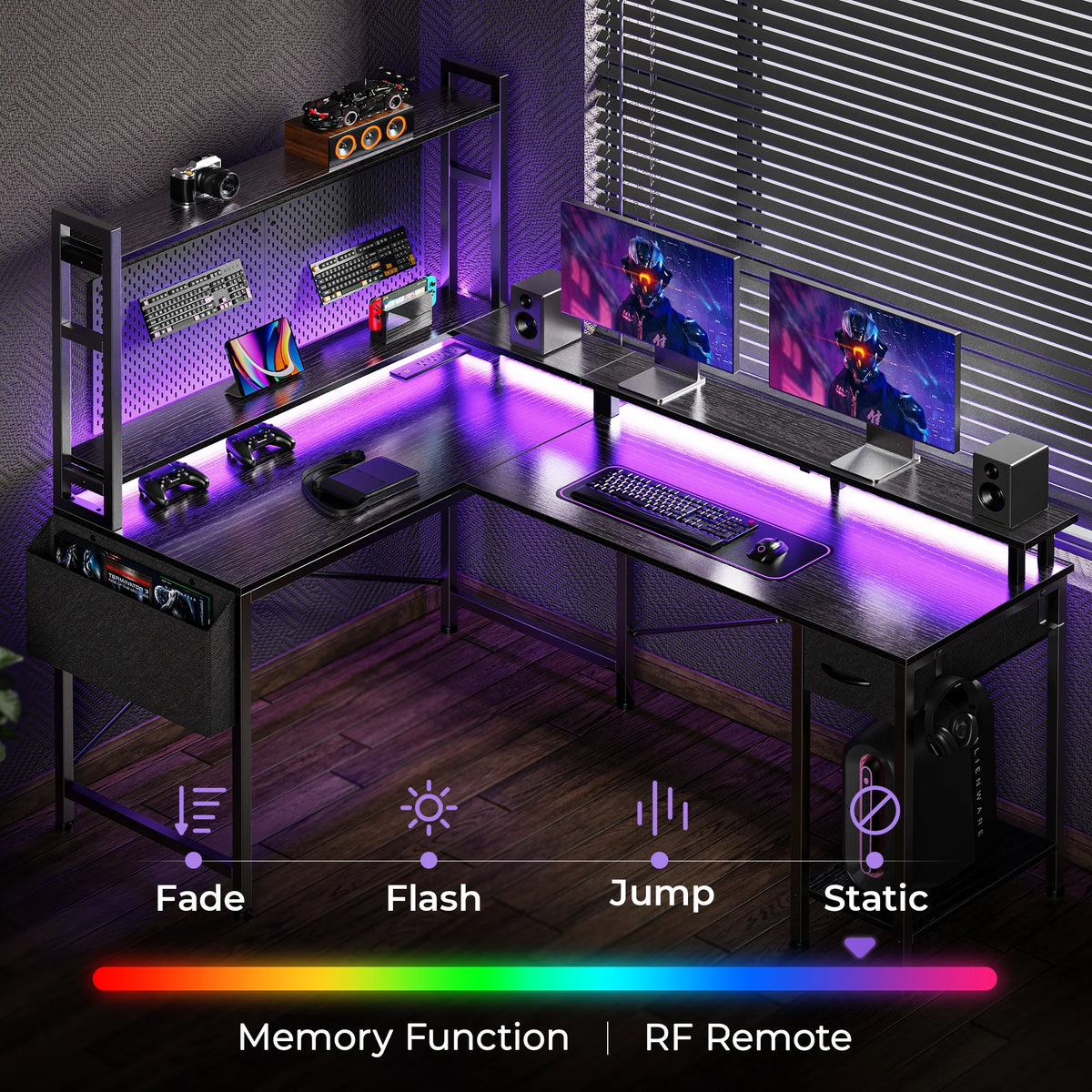 L Shaped Gaming Desk with Power Outlets and LED Lights, Black O963156