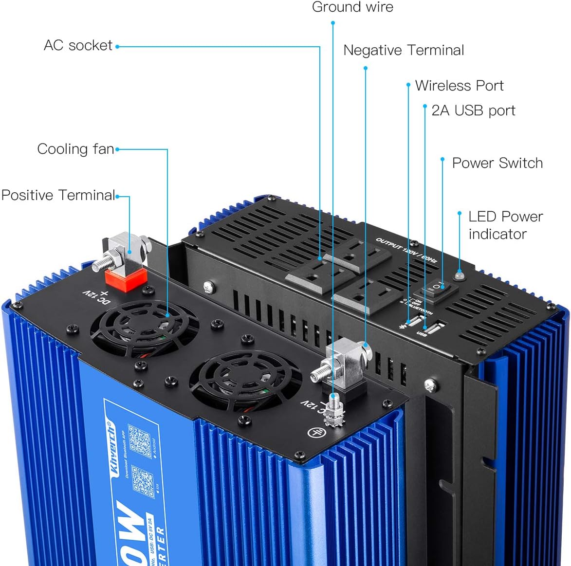 3000W Pure Sine Wave Power Inverter 12V DC to 110V AC Car Inverter with Bluetooth and 4 AC Outlets 2 USB Ports V426393