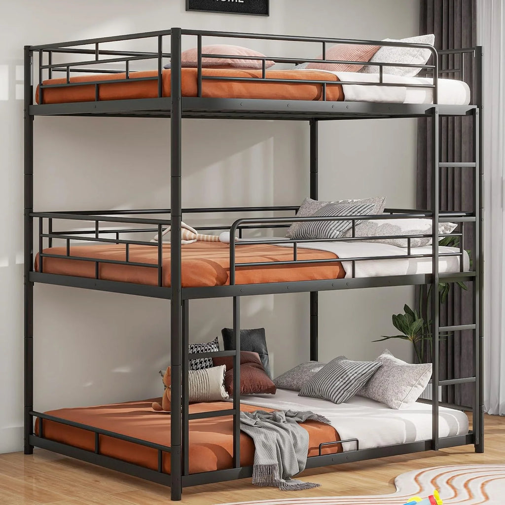 Full Size Triple Bunk Bed Metal Heavy-Duty Steel Frame with Storage Space Black P381