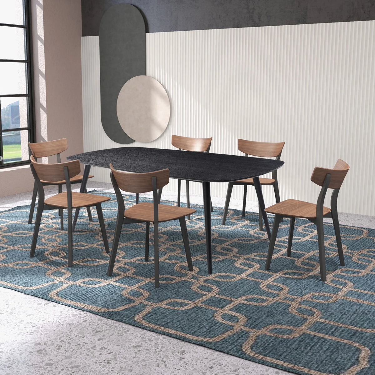 Rectangular Dining Table Black Oak Finished Ash Veneer Top 8 Persons H479