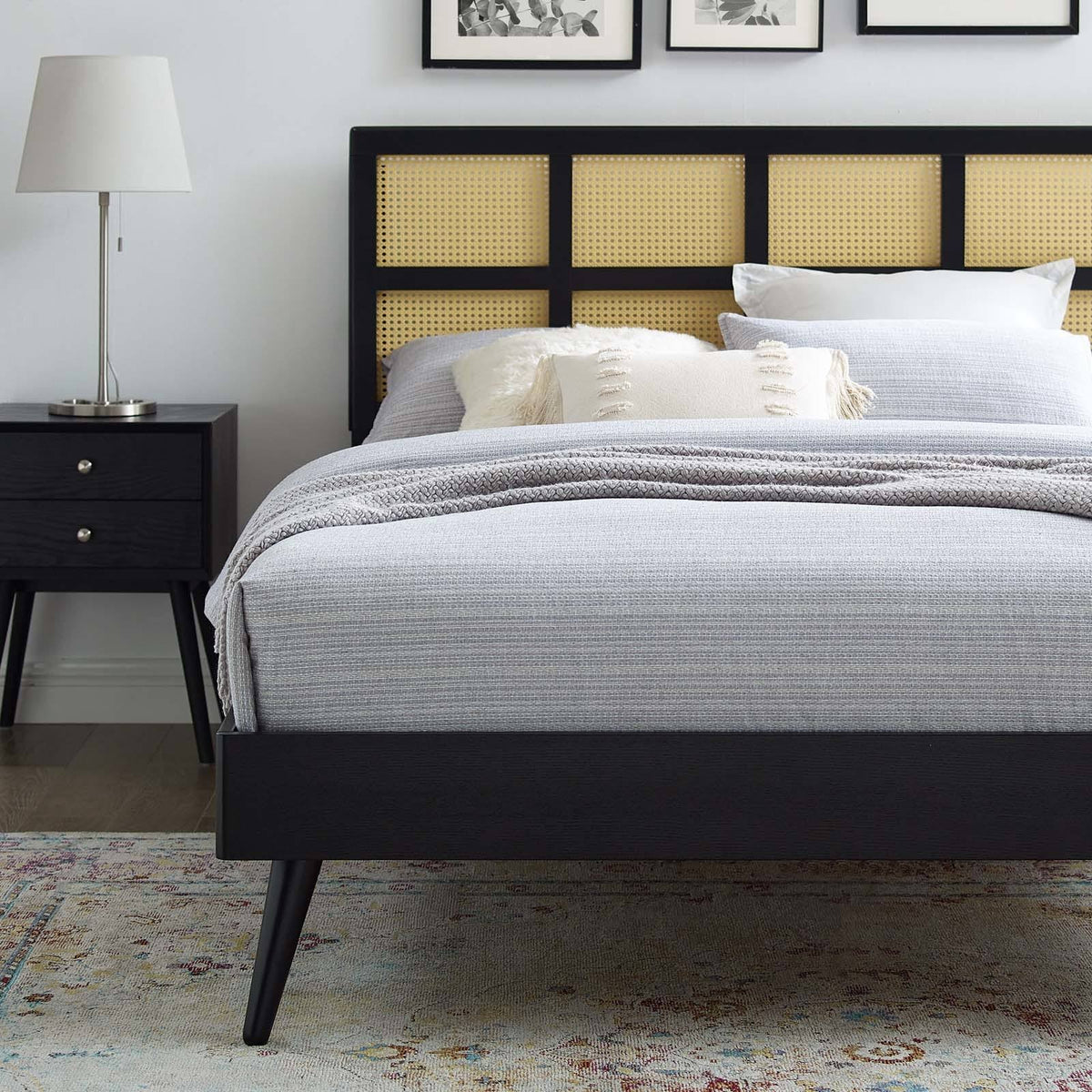 Black Cane and Wood Queen Platform Bed K41295