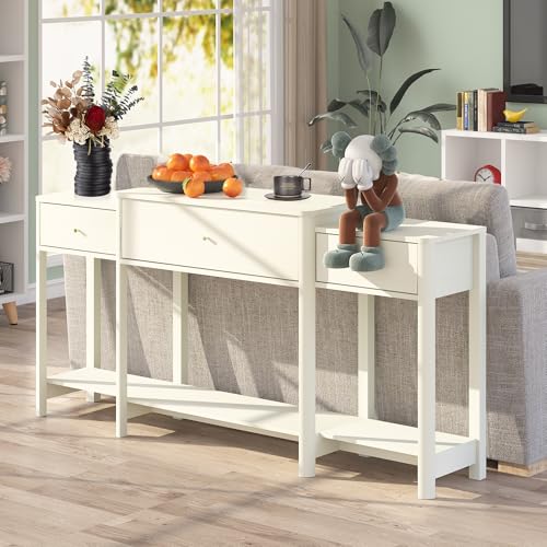 63" Console Table with Drawer, Marble Texture Top Sideboard with Open Bottom Shelf J637774