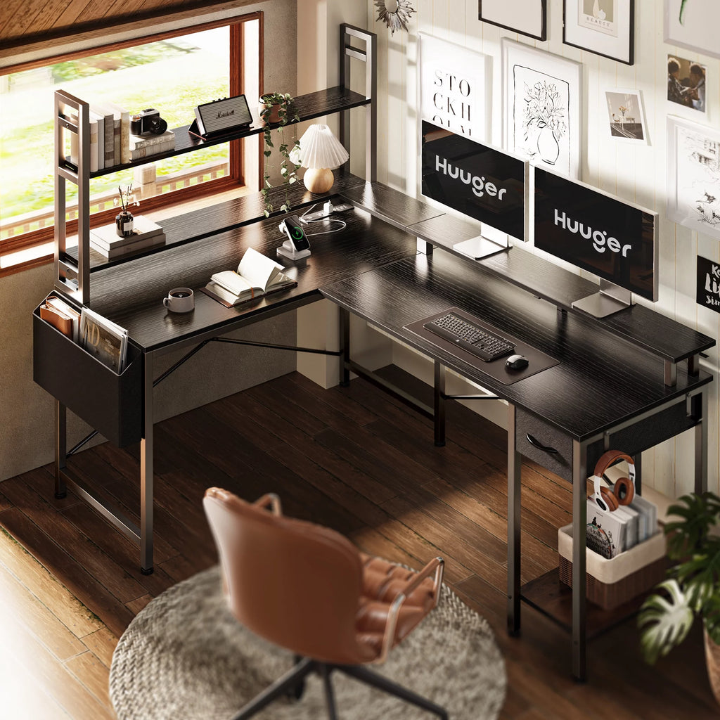 L Shaped Gaming Desk with Power Outlets and LED Lights, Black O963156