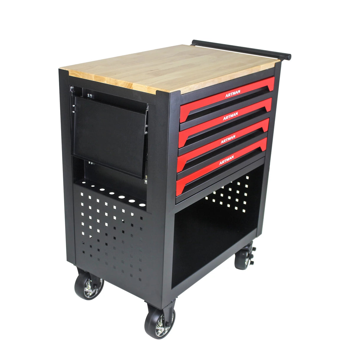 4-Tier Rolling Tool Cart with Cabinet and Wooden Top P7158