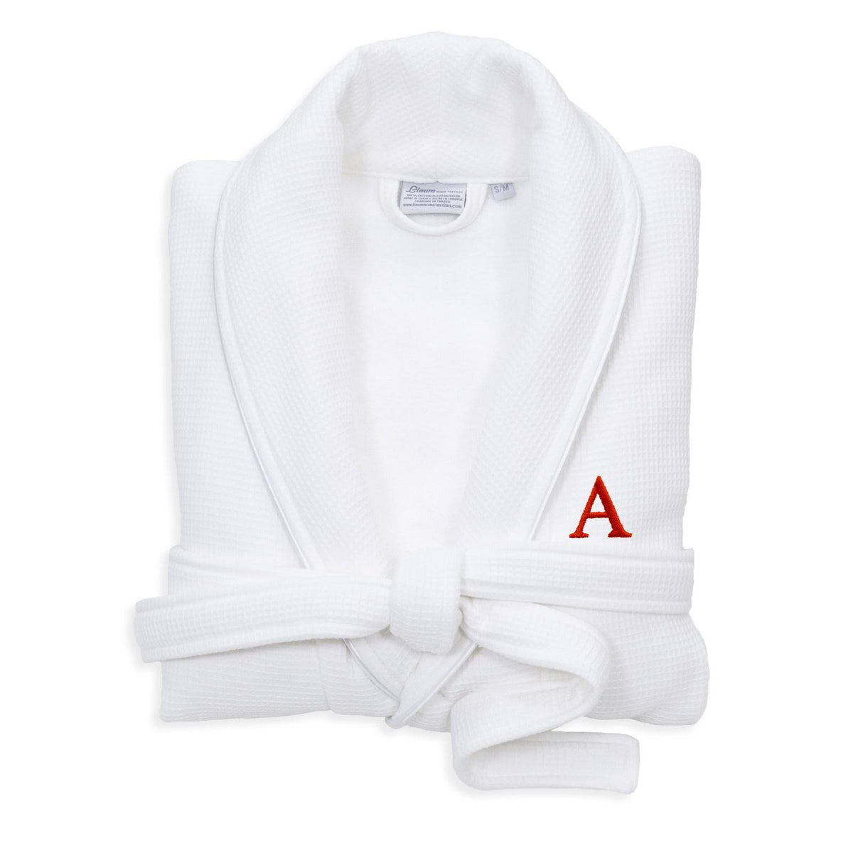White Turkish Cotton Waffle Terry Bathrobe with Satin Piped Trim Y814