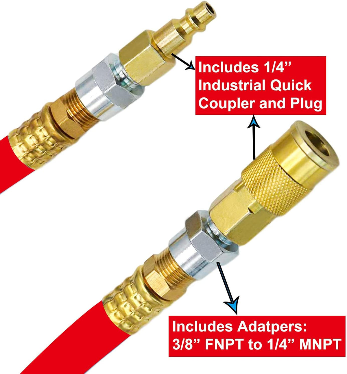 Hybrid Air Hose 1/2-Inch I.D. by 25-Feet Long Solid Brass Fitting 300 PSI with 3/8" and 1/4" Industrial Quick Coupler Connectors, Red Pack of 2 G37931