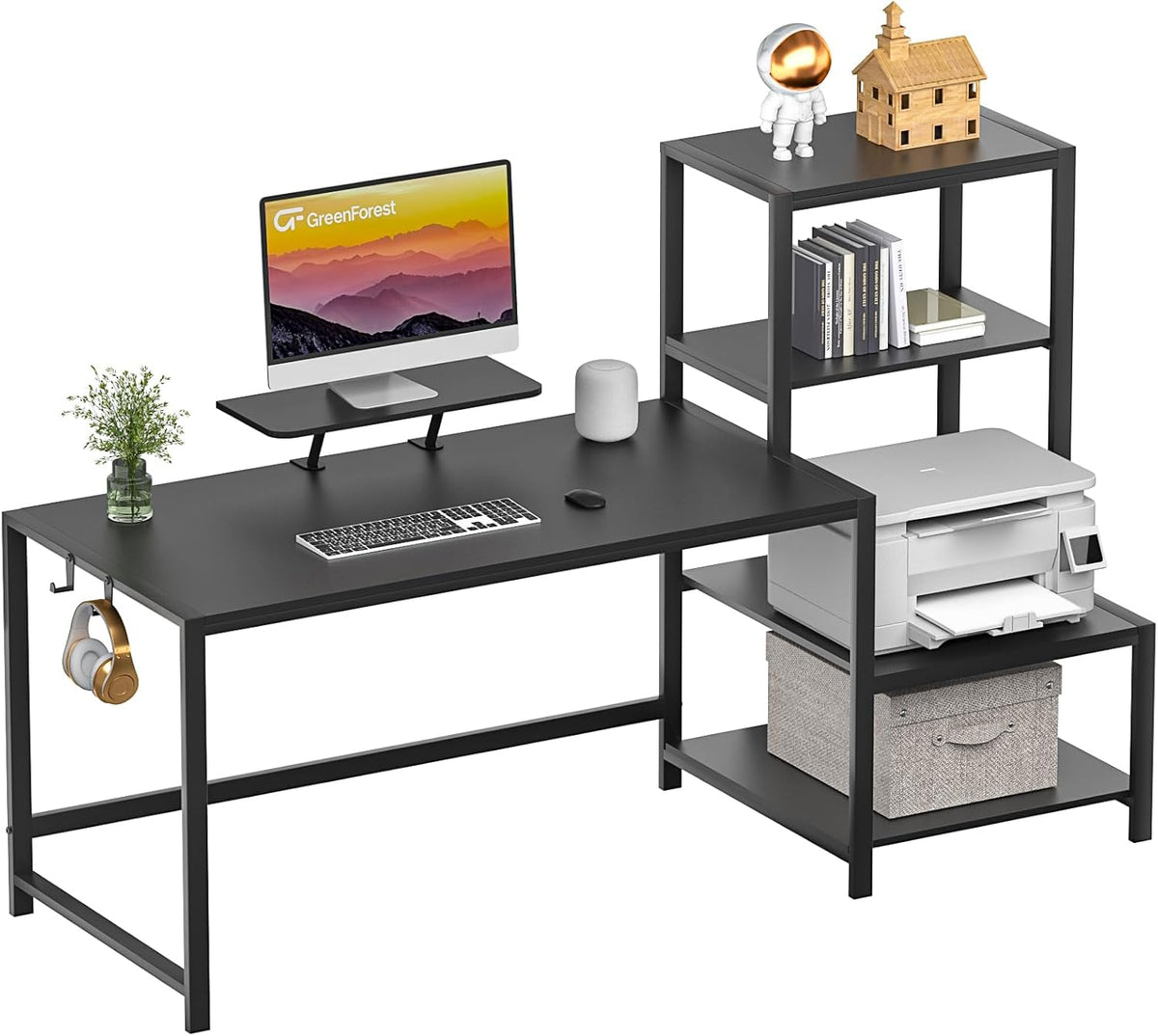 Black 58 inch Computer Desk with Monitor Stand and Storage Shelf T857881