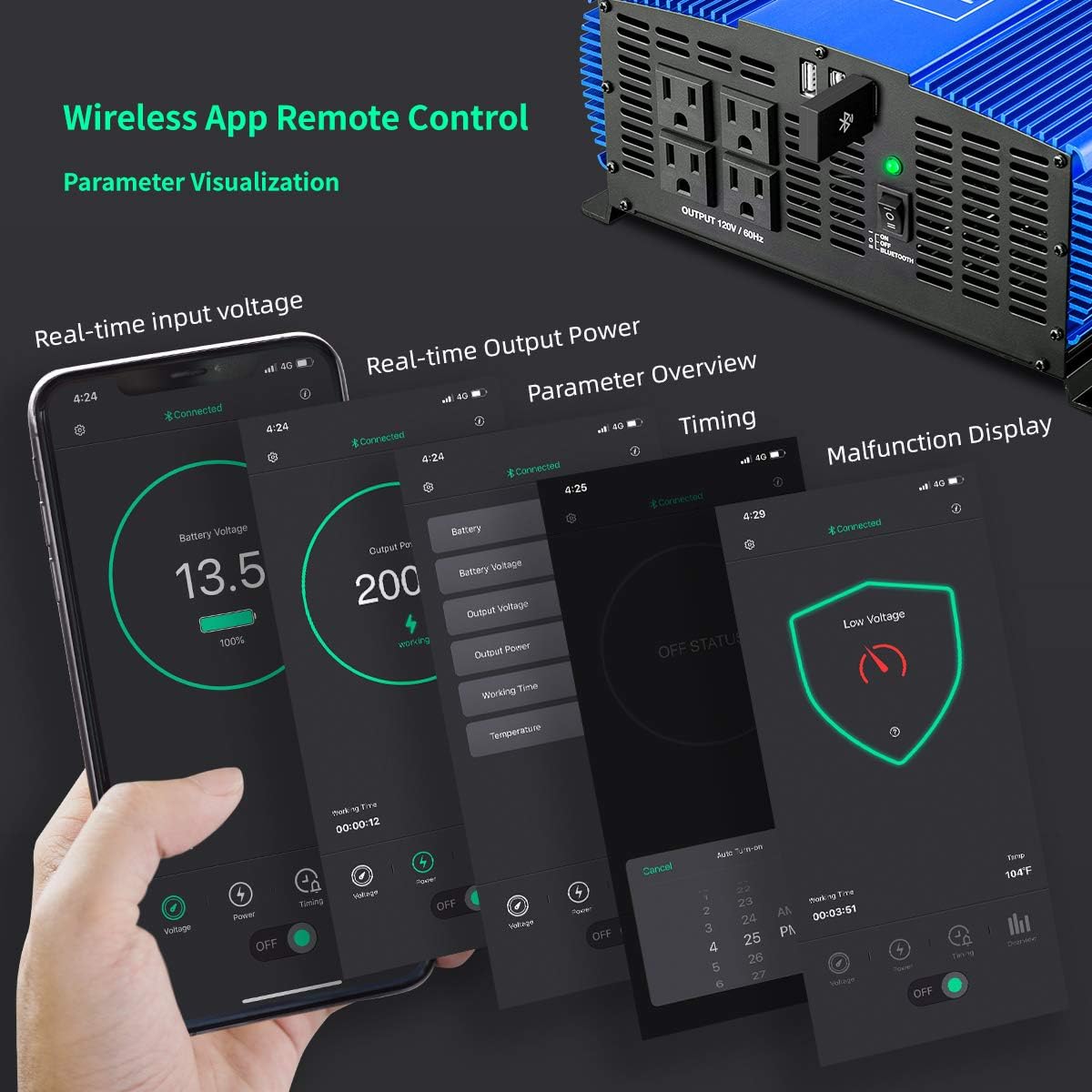 3000W Pure Sine Wave Power Inverter 12V DC to 110V AC Car Inverter with Bluetooth and 4 AC Outlets 2 USB Ports V426393