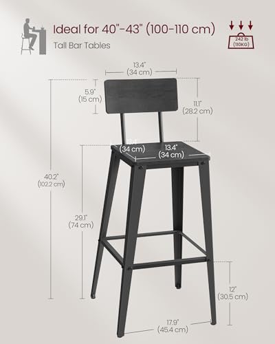 Set of 2 Bar Stools with Back, Steel Frame, Ash Black and Ink Black F22237