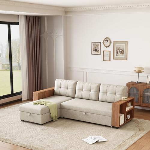 Beige L Shaped Convertible Sectional Sleeper Sofa with Storage Chaise T574