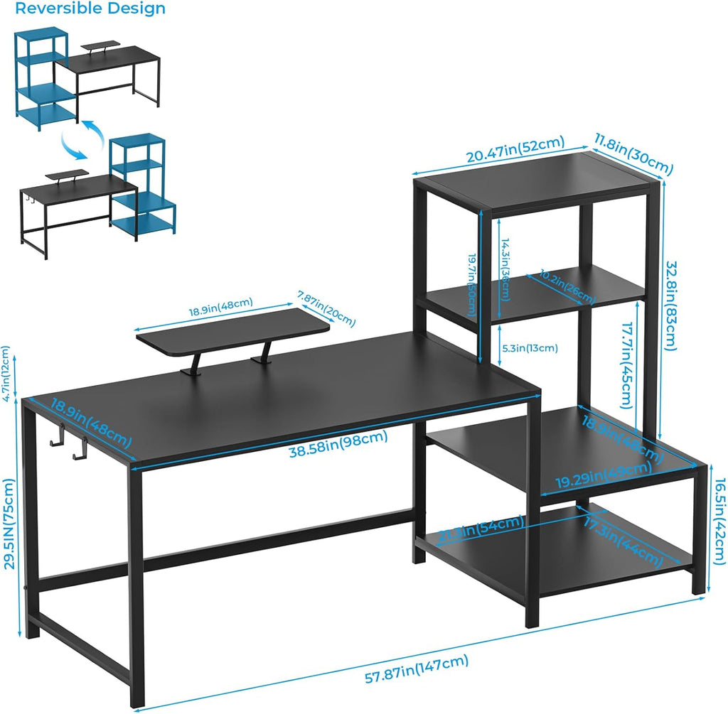 Black 58 inch Computer Desk with Monitor Stand and Storage Shelf T857881