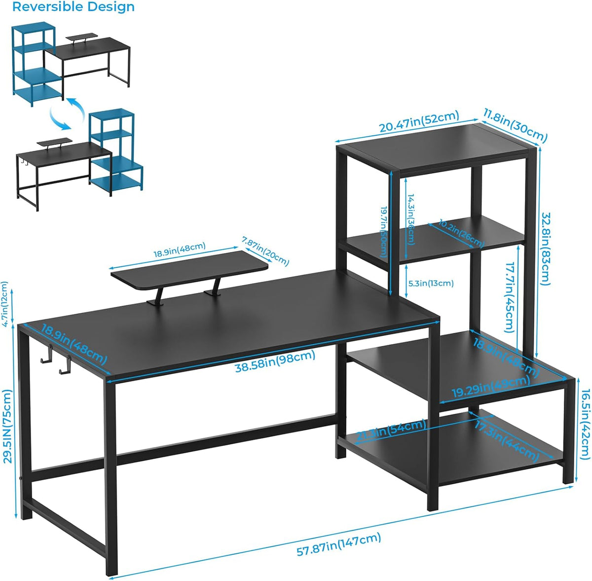 Black 58 inch Computer Desk with Monitor Stand and Storage Shelf T857881