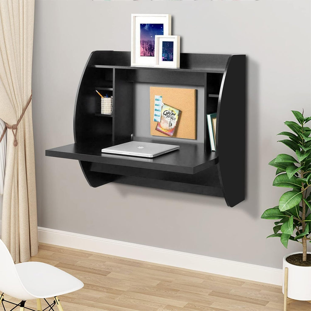 White Wall Mounted Floating Computer Desk with Storage Shelves G8108