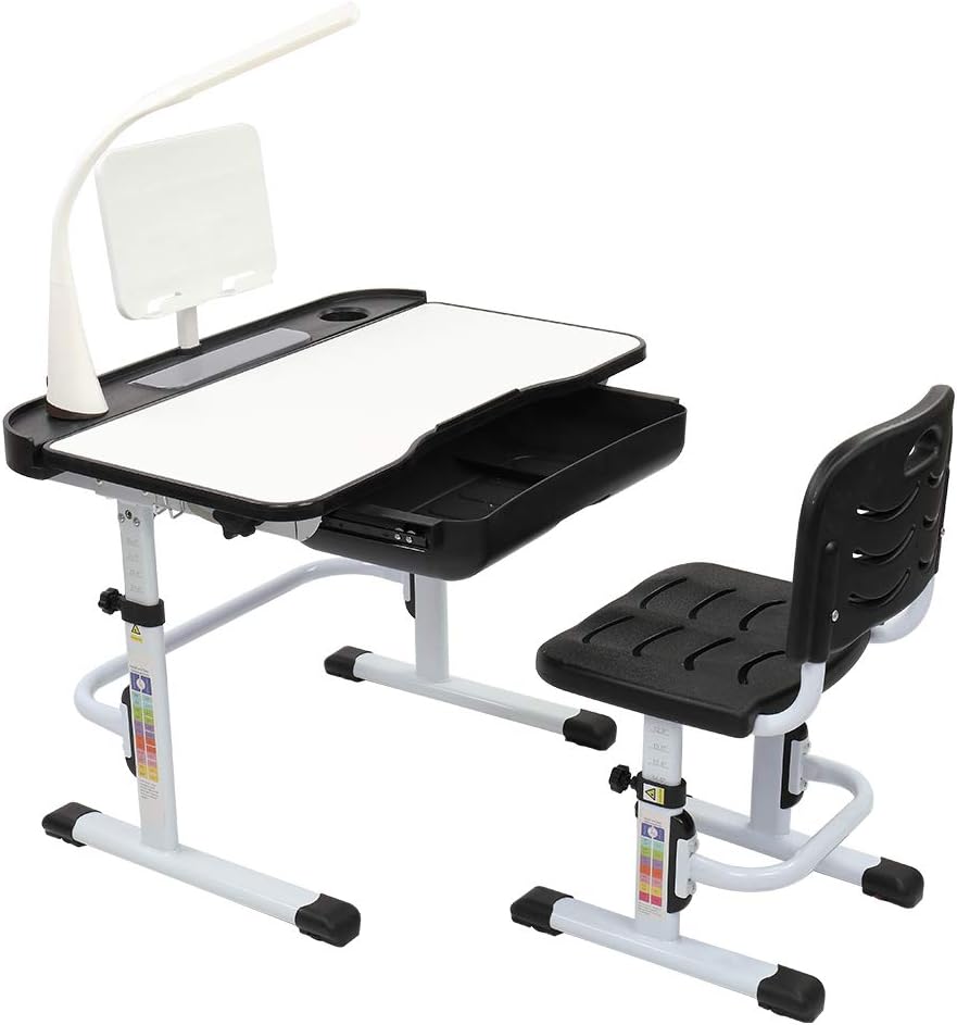 80CM Hand-cranked Lifting Top Can Tilt Children Learning Table and Chair Black with Reading Stand Desk Lamp F9551