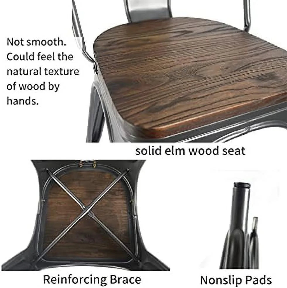 Gunmetal Grey Metal Dining Chairs Set of 4 with Wood Seat U920
