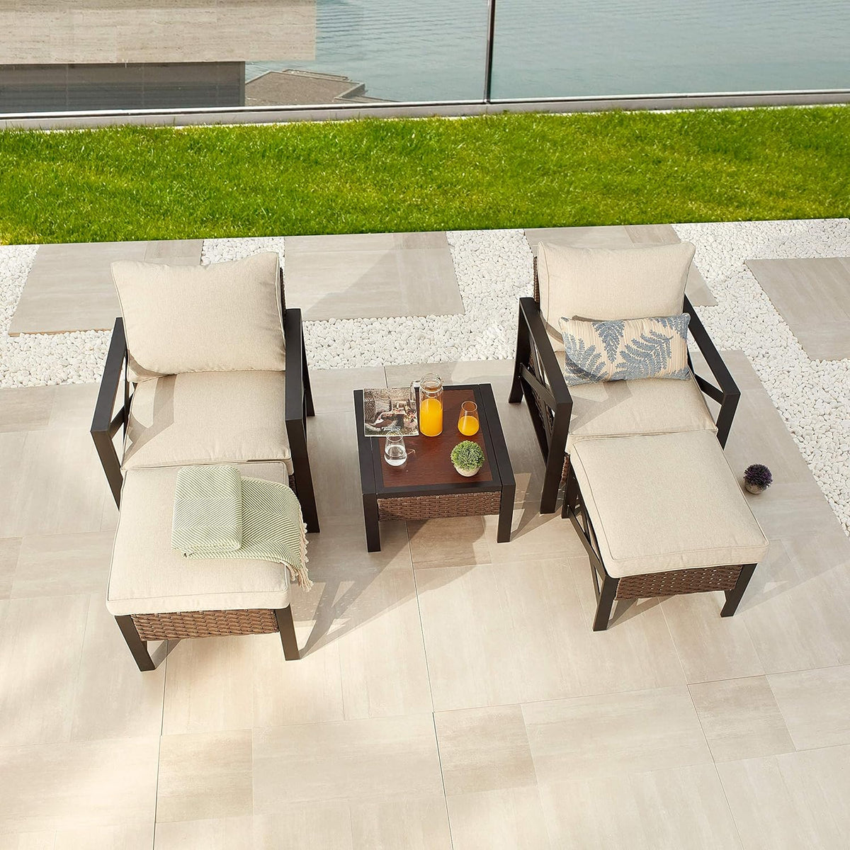 5 Piece Outdoor Wicker Conversation Sofa Set with Cushion and Coffee Table I7118