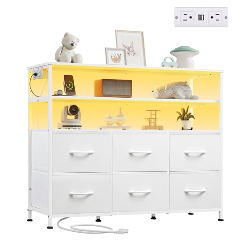 Black 6 Drawer Fabric Dresser with LED Lights and Charging Station U1558