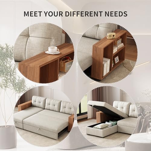 Beige L Shaped Convertible Sectional Sleeper Sofa with Storage Chaise T574