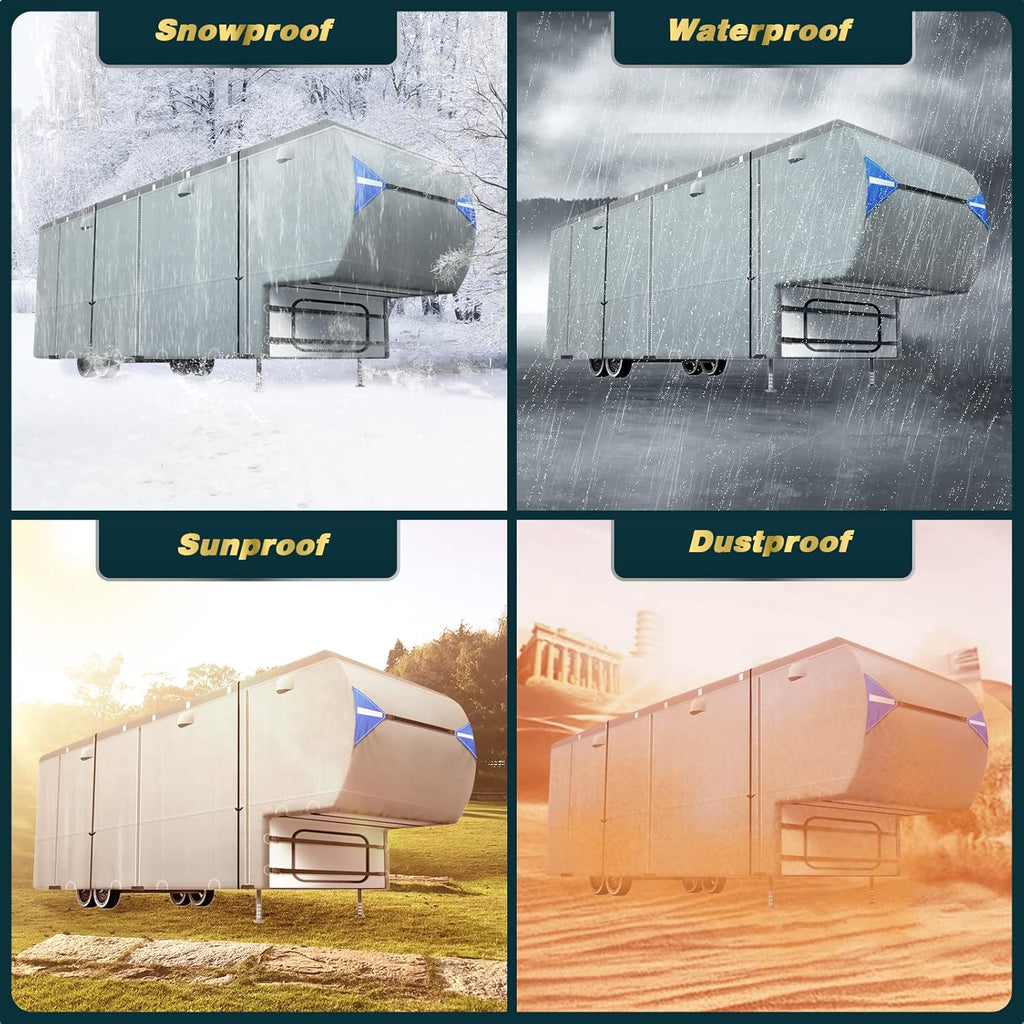 5th Wheel Travel Trailer Cover, 6 Layers Top RV Cover for 33’-37’ RV, Waterproof with 4 Tire Covers & 6 Gutter Covers J2870