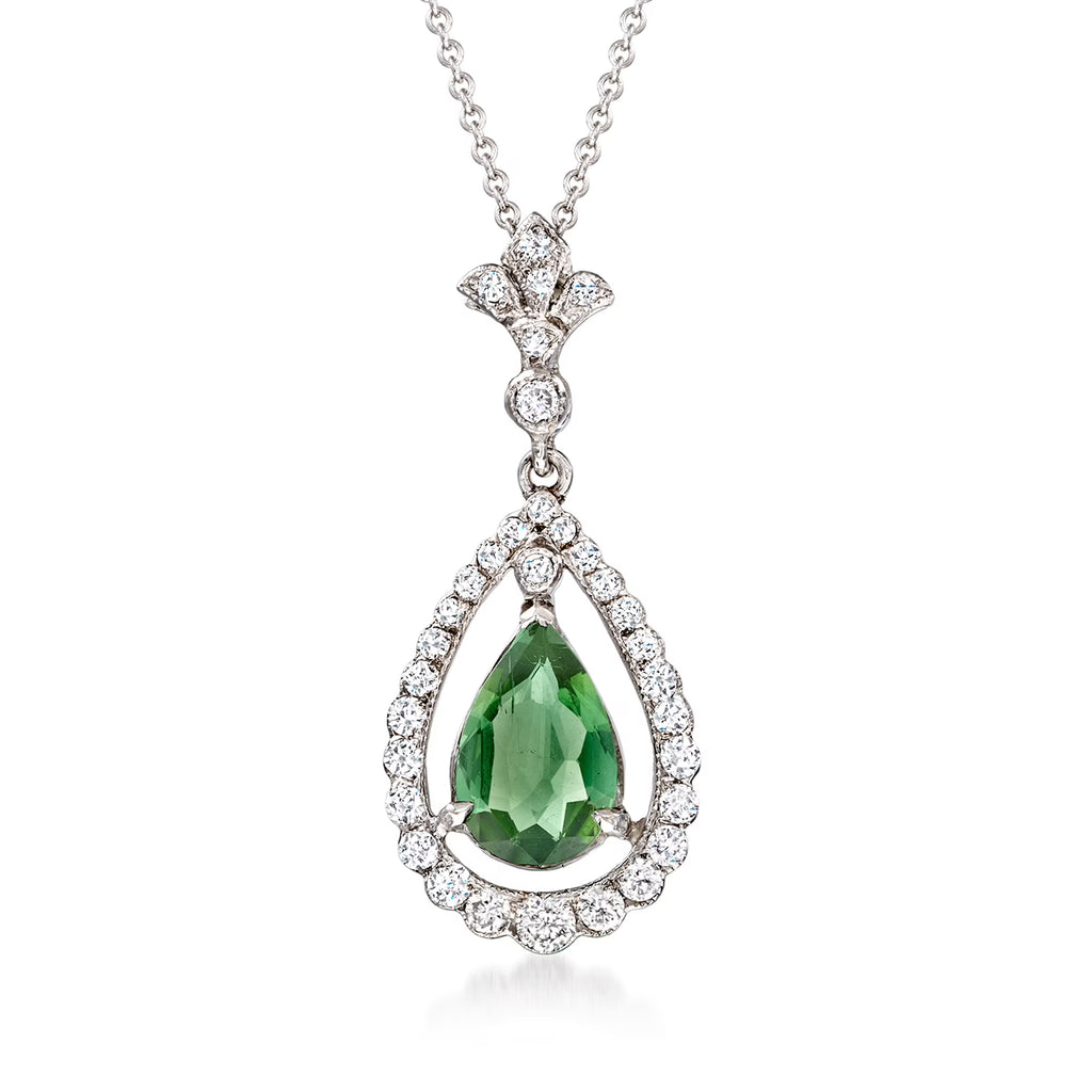 Vintage 1.00 Carat Green Tourmaline and .35 ct. t.w. Diamond Pendant Necklace in 18kt and 14kt White Gold C45197