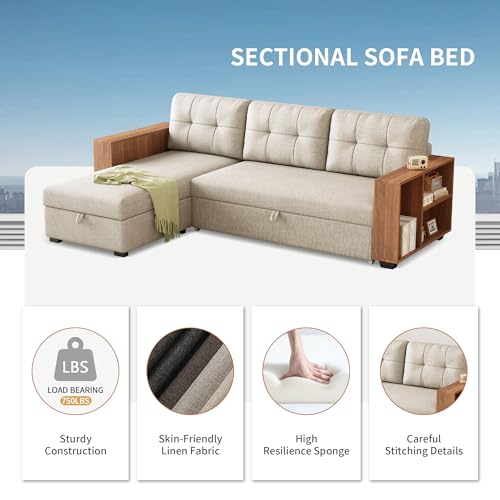 Beige L Shaped Convertible Sectional Sleeper Sofa with Storage Chaise T574