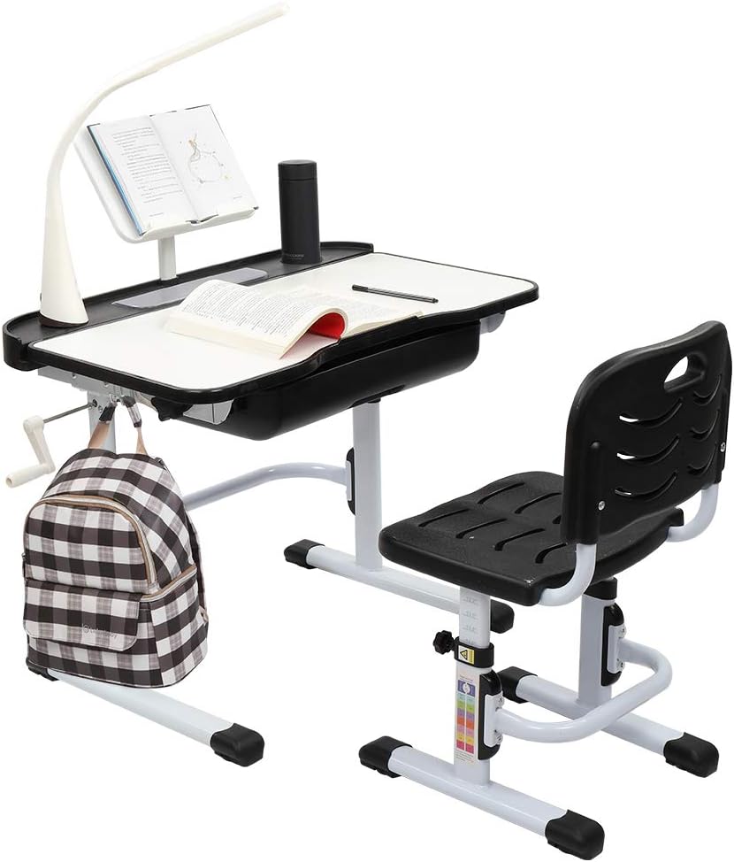 80CM Hand-cranked Lifting Top Can Tilt Children Learning Table and Chair Black with Reading Stand Desk Lamp F9551