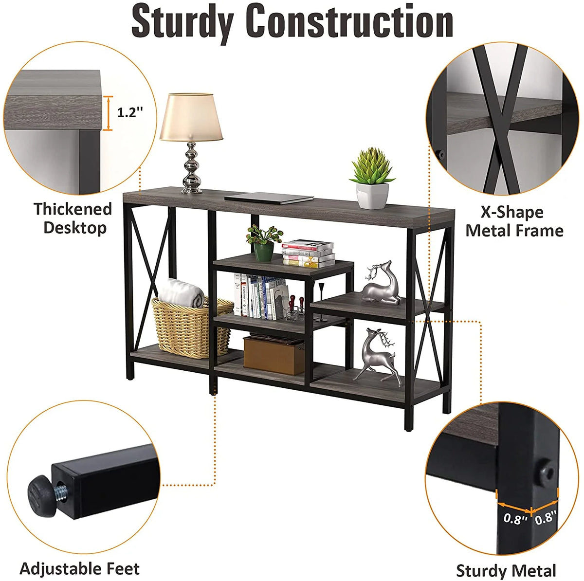 Gray 55"L Narrow Console Table with Storage Shelves A3831