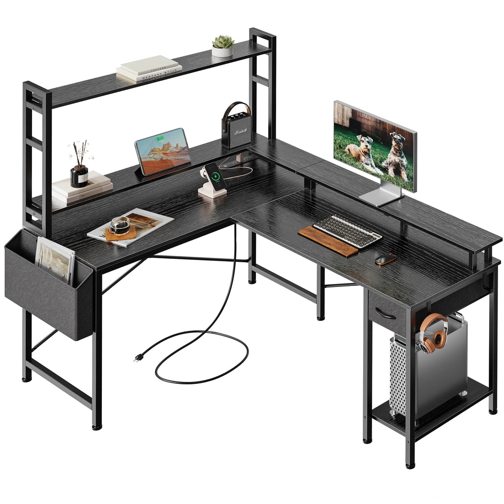 L Shaped Gaming Desk with Power Outlets and LED Lights, Black O963156