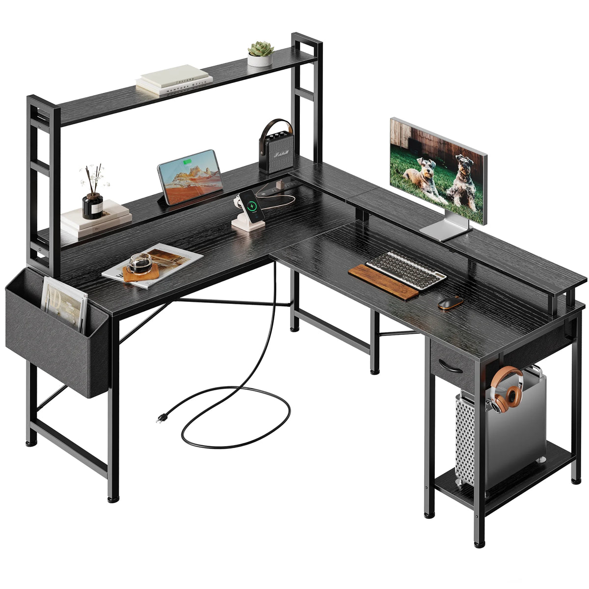 L Shaped Gaming Desk with Power Outlets and LED Lights, Black O963156