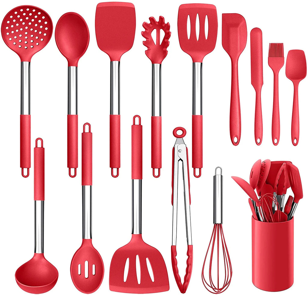 15 Pcs Silicone Non-stick Cooking Utensil Set with Stainless Steel Handle M265379