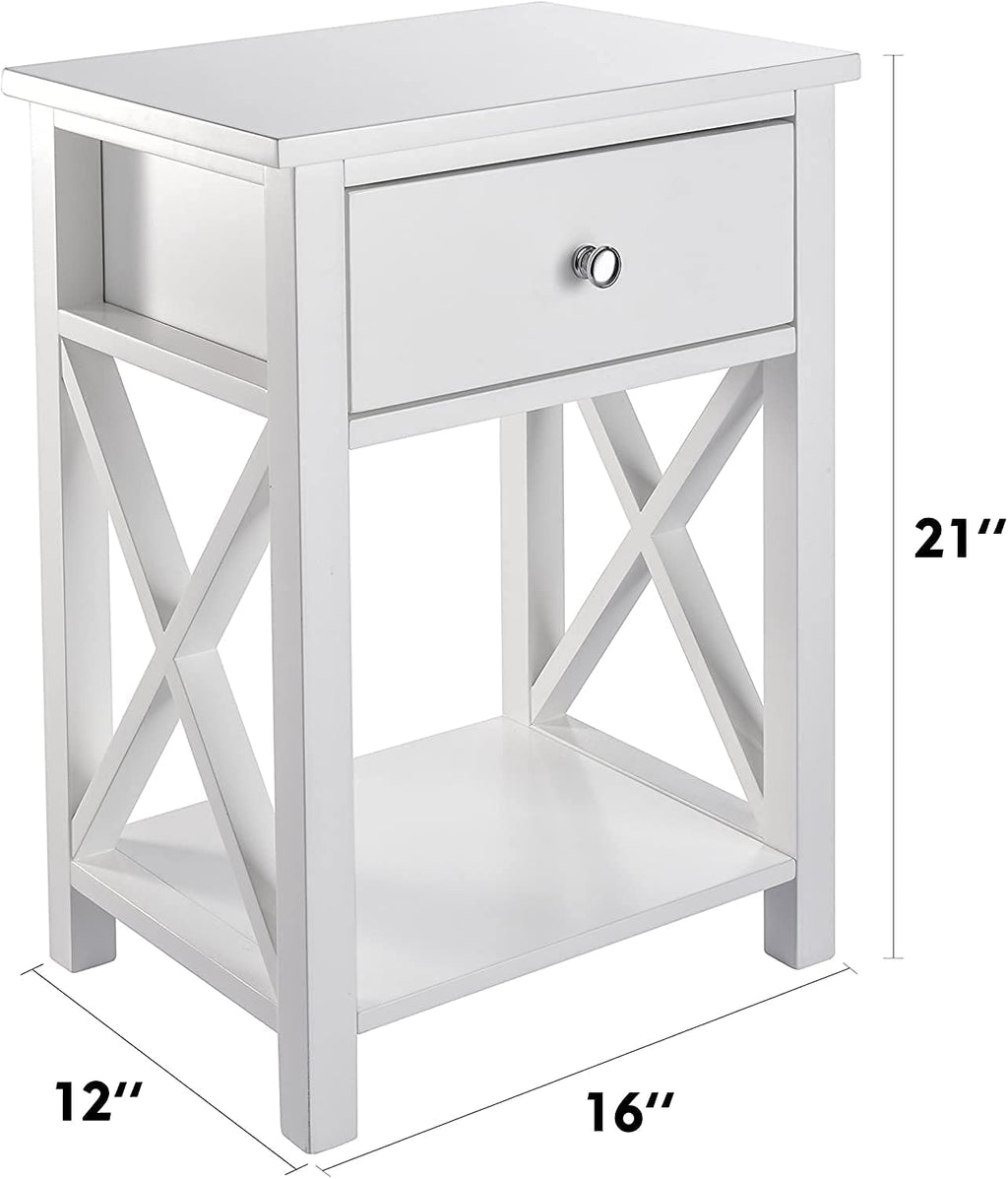 White Wooden Side End Table with Bin Drawer Set of 2 O99913