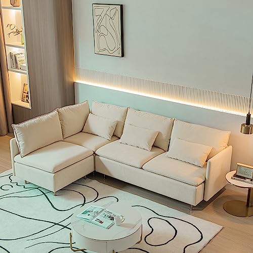 90.9 in L-Shaped Cotton Linen 3-Seater Modular Sofa with 3 Throw Pillows J509