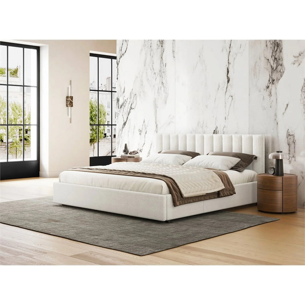 Queen Upholstered Platform Bed White Boucle Fabric H955