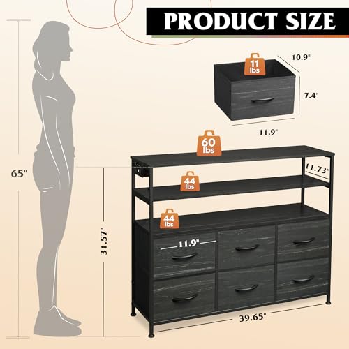 Black 6 Drawer Fabric Dresser with LED Lights and Charging Station U1558