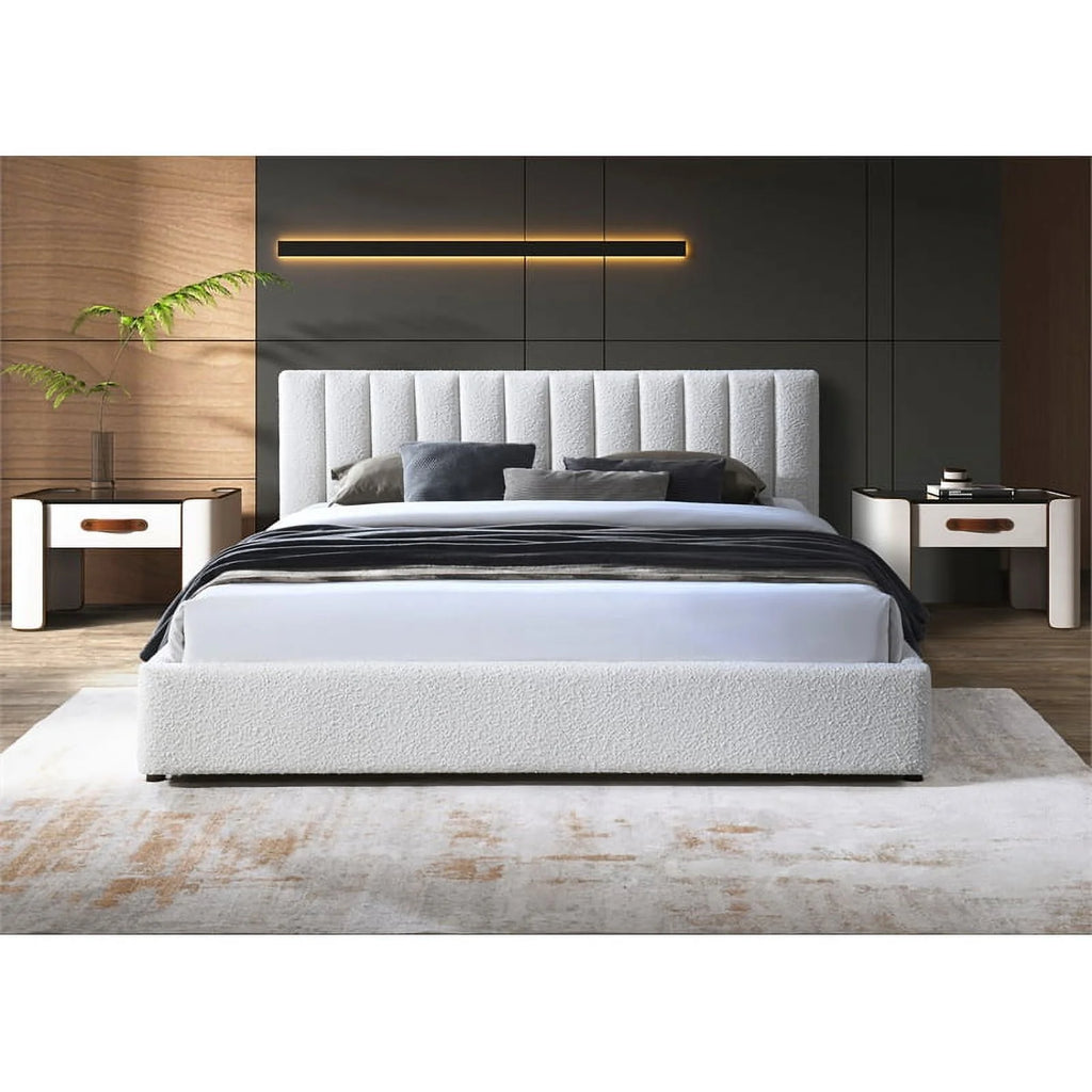 Queen Upholstered Platform Bed White Boucle Fabric H955