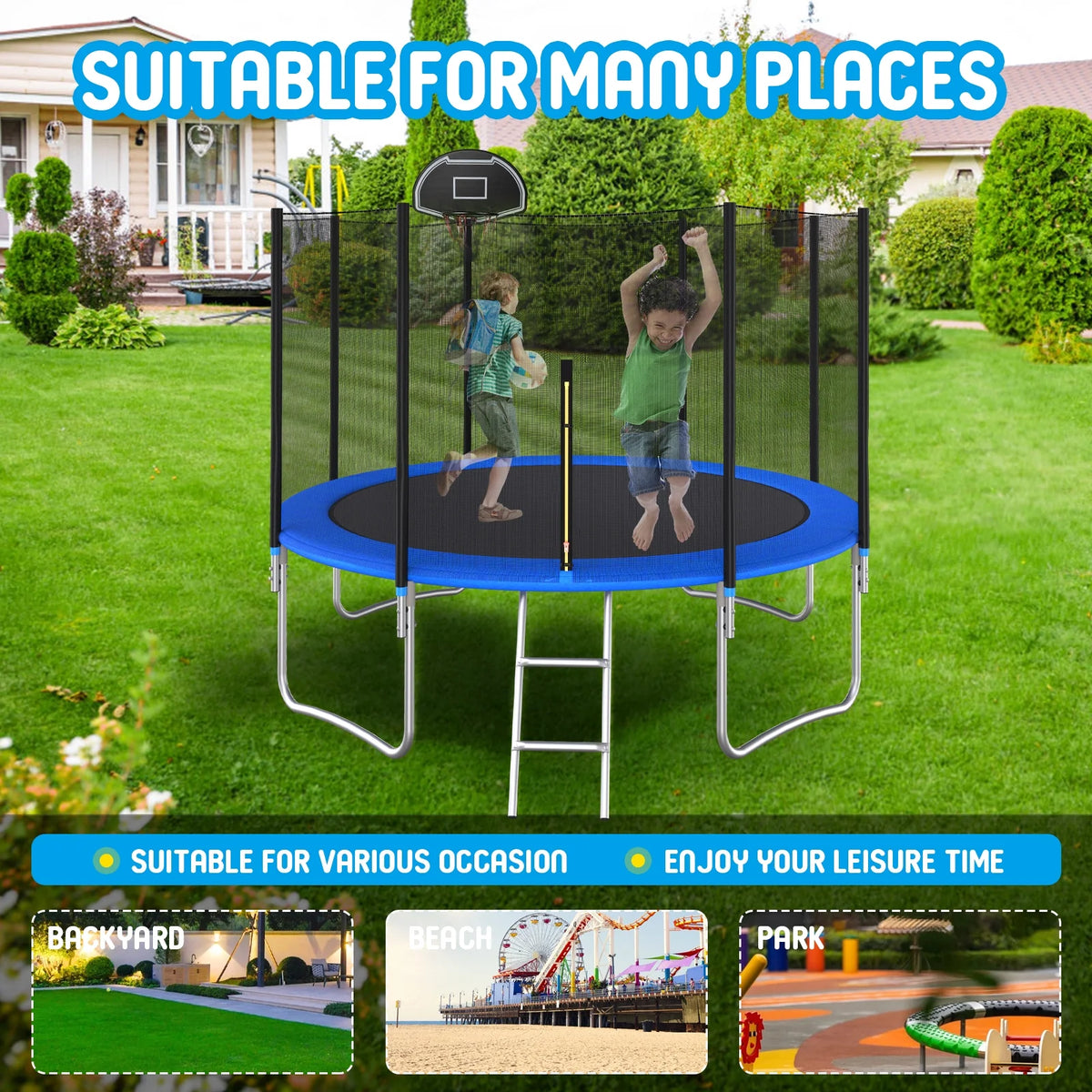 Large 2-IN-1 Trampoline with Hoop, High Density Net, 4 Steel Support Q291
