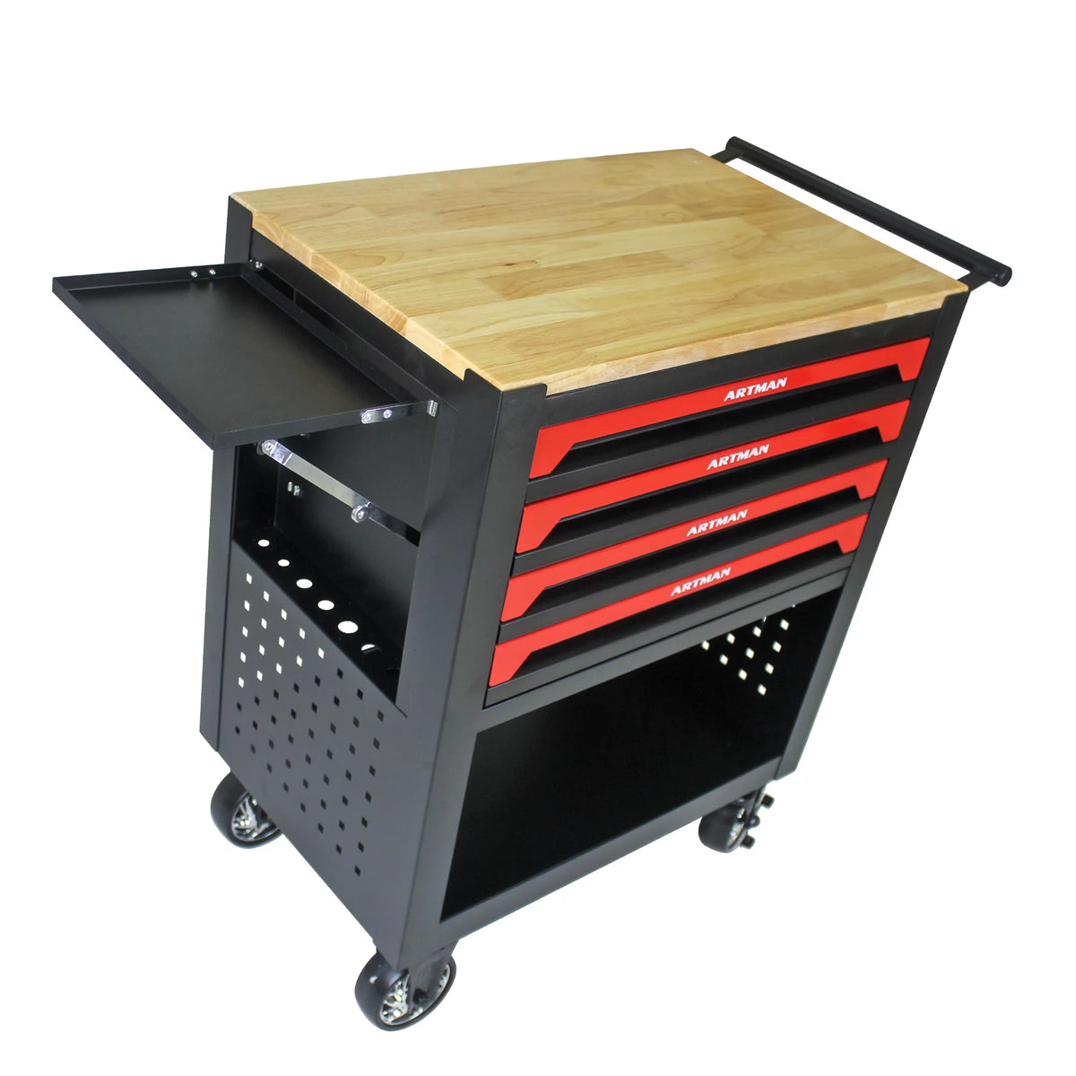 4-Tier Rolling Tool Cart with Cabinet and Wooden Top P7158