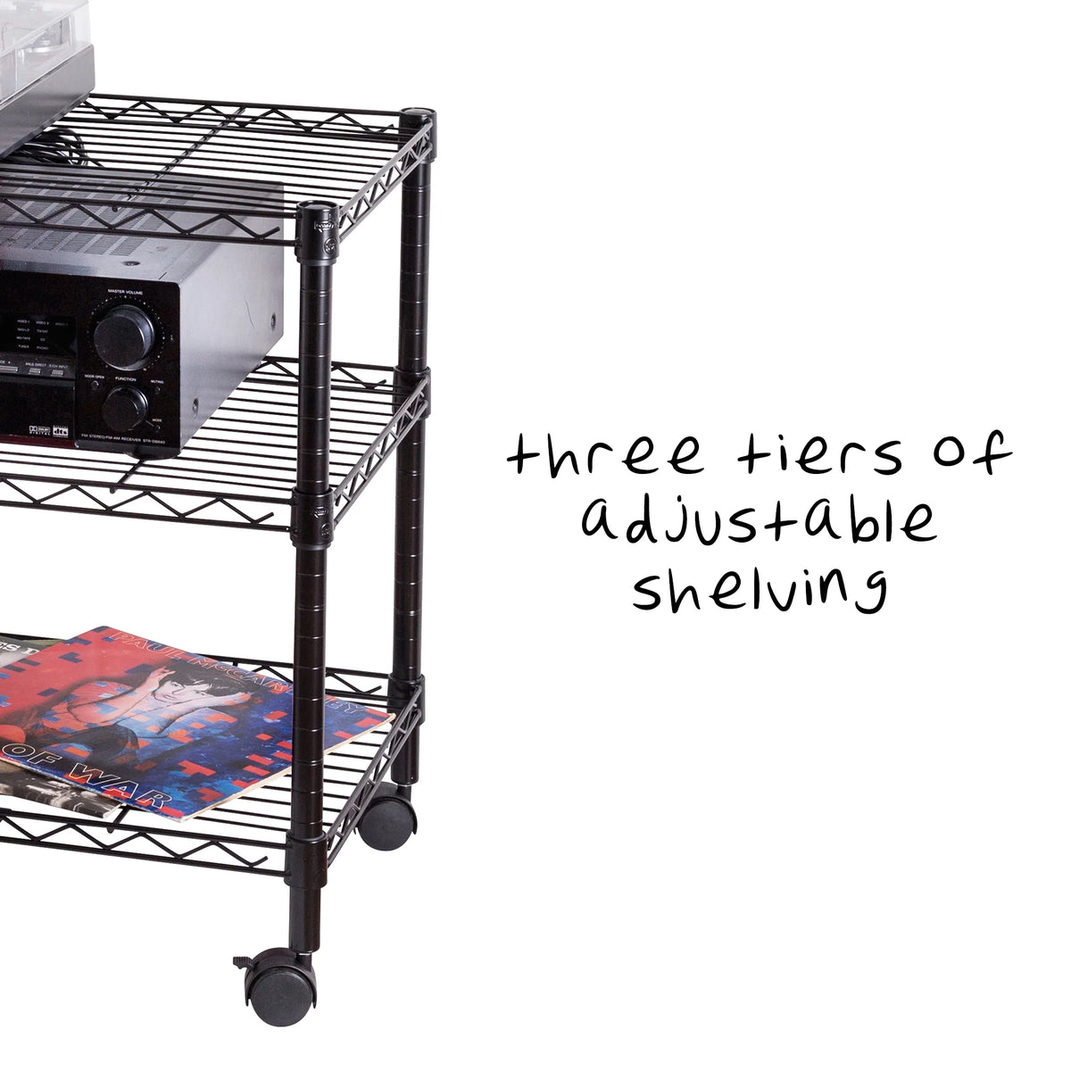 3-Tier Black Metal Rolling Adjustable Media Cart J4654