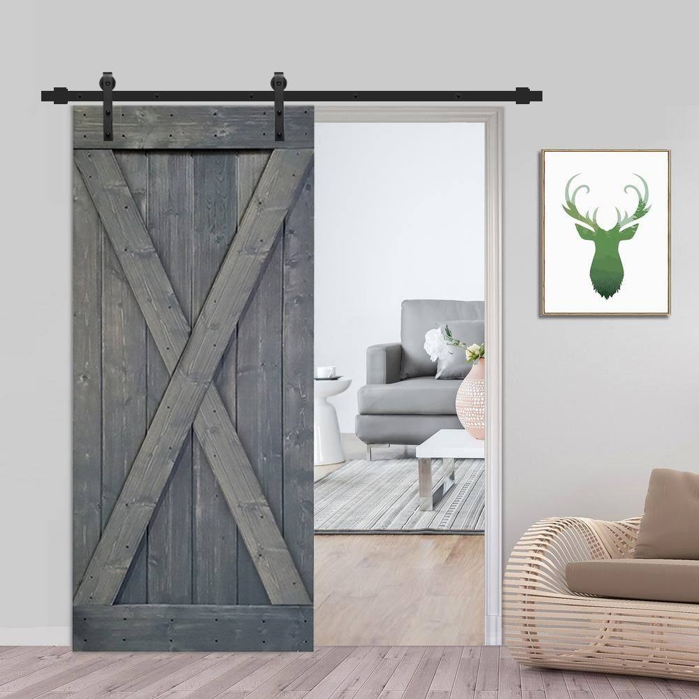 Gray Stained Knotty Pine Wood Interior Sliding Barn Door with Hardware Kit E12105