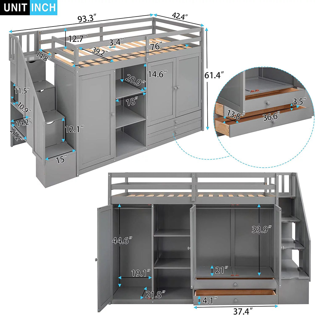 Solid Wood Loft Bed with Stairs, 2 Wardrobes, 3 Shelves and 2 Drawers, Gray N55331