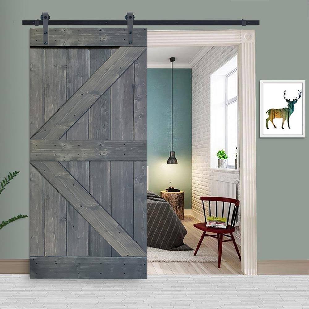 Gray Stained Knotty Pine Wood Interior Sliding Barn Door with Hardware Kit E12105