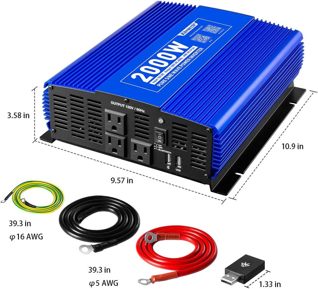 3000W Pure Sine Wave Power Inverter 12V DC to 110V AC Car Inverter with Bluetooth and 4 AC Outlets 2 USB Ports V426393