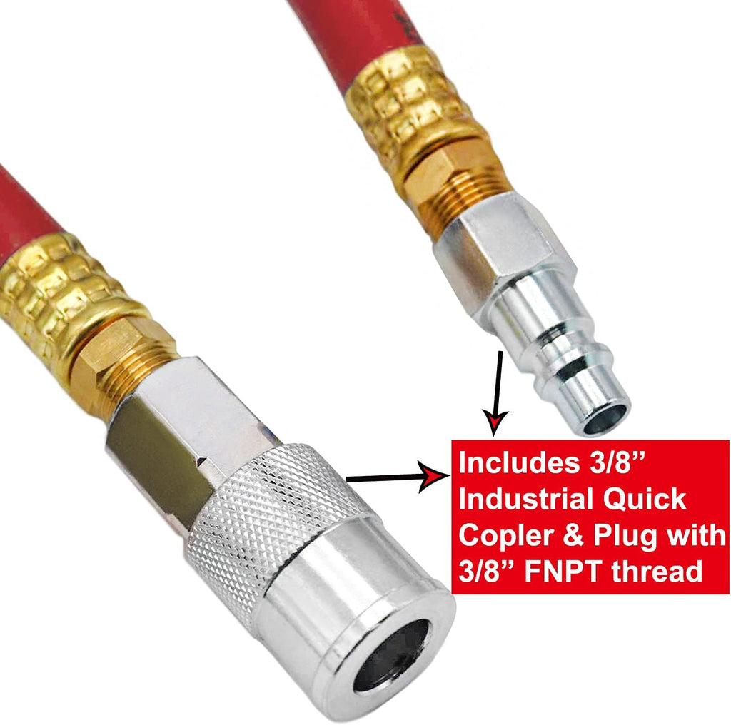 Hybrid Air Hose 1/2-Inch I.D. by 25-Feet Long Solid Brass Fitting 300 PSI with 3/8" and 1/4" Industrial Quick Coupler Connectors, Red Pack of 2 G37931