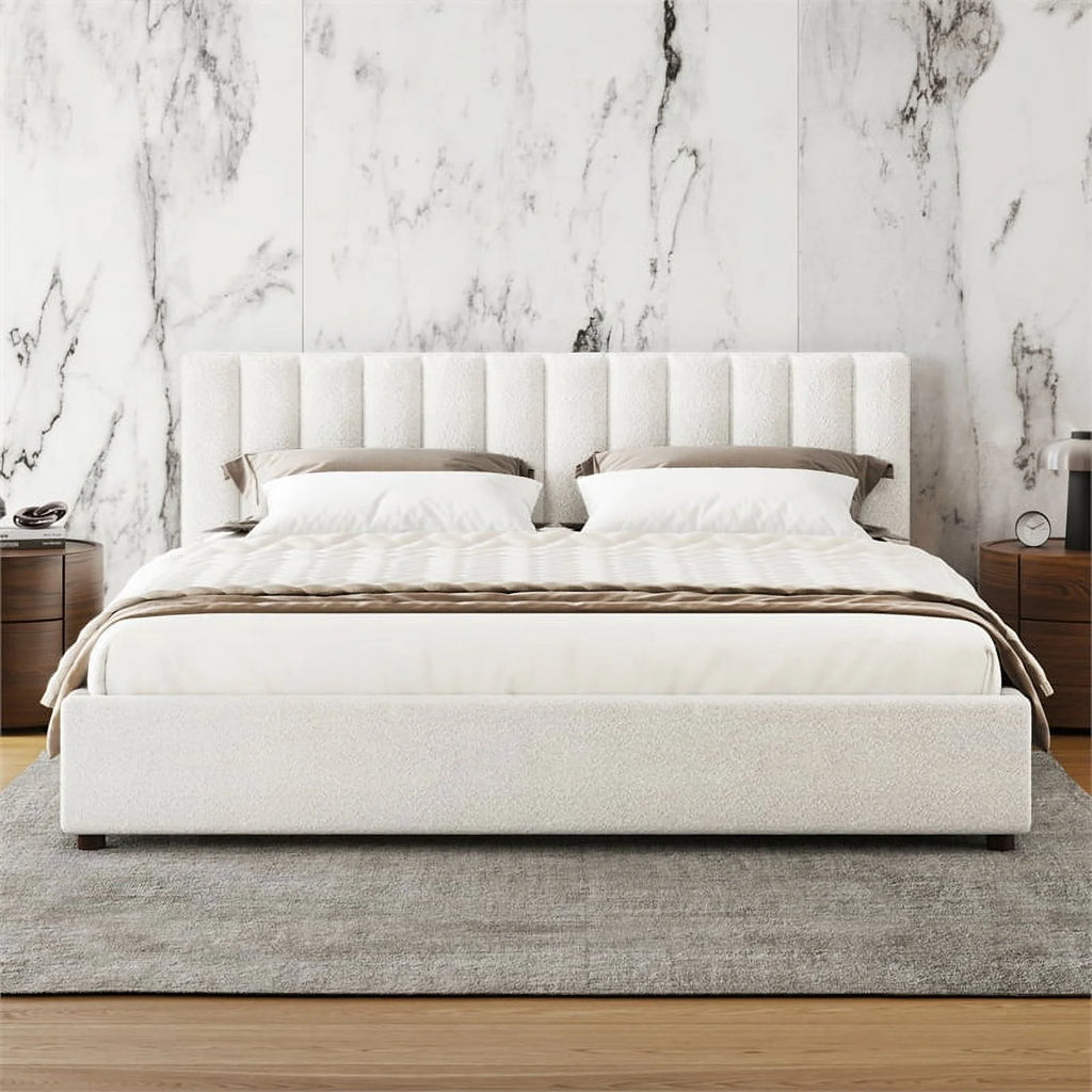 Queen Upholstered Platform Bed White Boucle Fabric H955