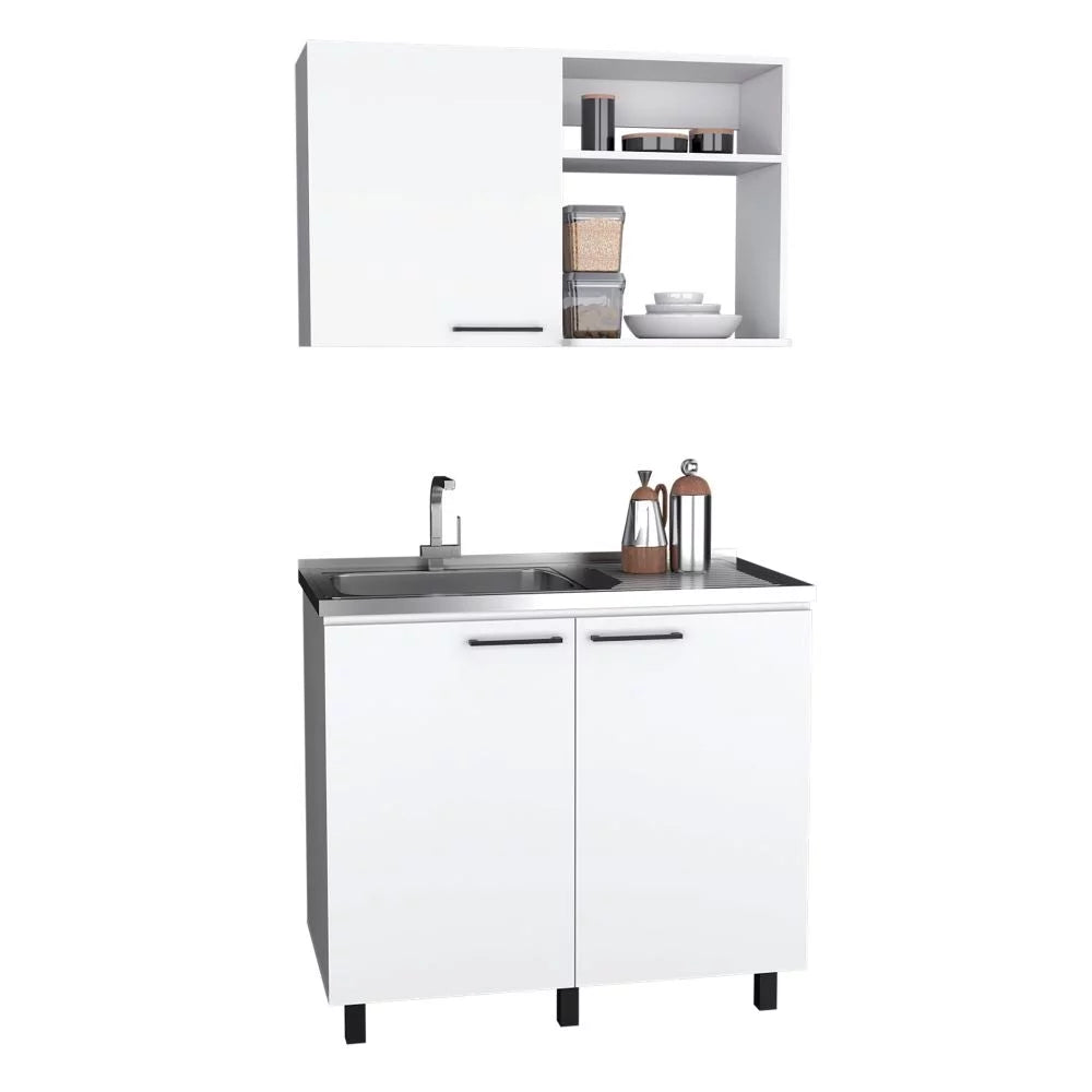 2 Piece Kitchen Set, Wall Cabinet + Utility Sink, White Finish N73422