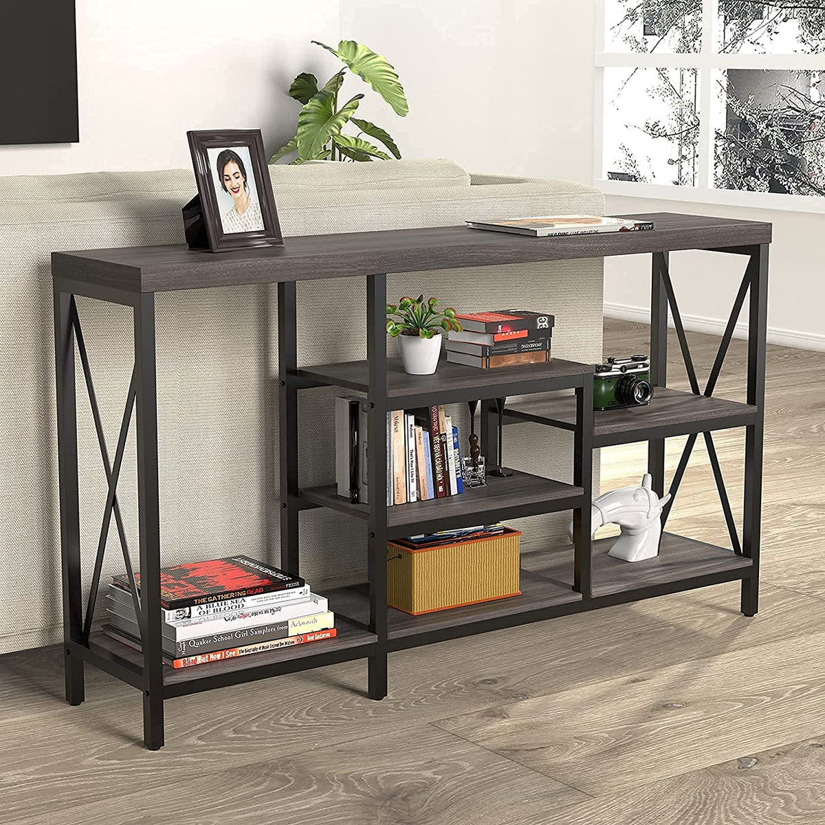 Gray 55"L Narrow Console Table with Storage Shelves A3831