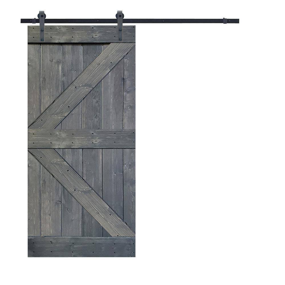Gray Stained Knotty Pine Wood Interior Sliding Barn Door with Hardware Kit E12105