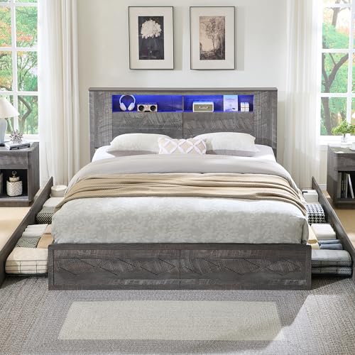 Queen Size Wood Platform Bed Frame with Storage Headboard and 4 Drawers J329293