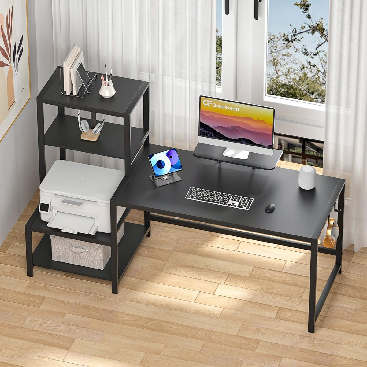 Black 58 inch Computer Desk with Monitor Stand and Storage Shelf T857881