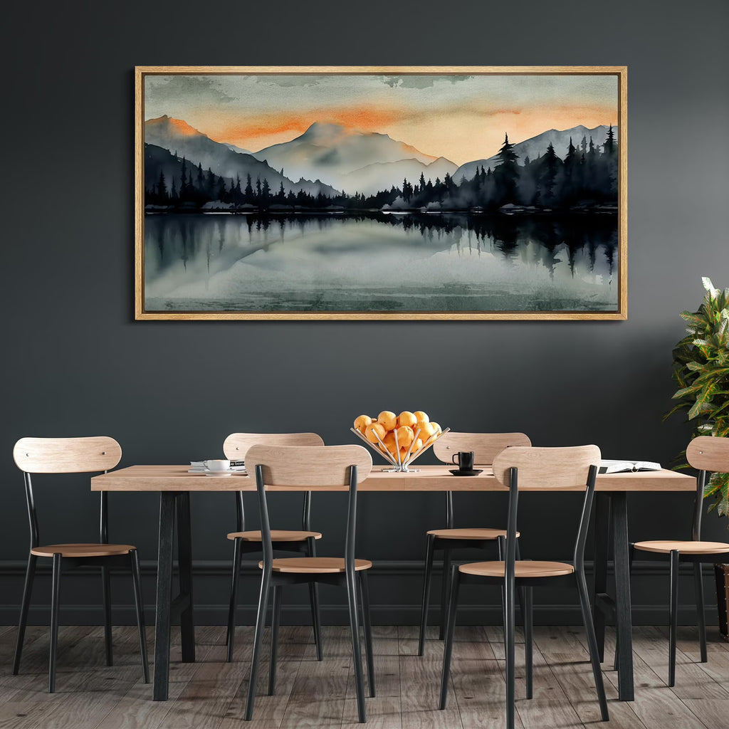 Extra Large Framed Canvas Print Wall Art Sunset Mountain Range & Lake Panoramic Modern Art Nature Wilderness Retro Wall Decorative Oversized Artwork Relax/Calm for Living Room - 60"x30" D300438